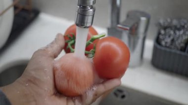 Yemek pişirmeye hazırlanmak için akan suyun altında temiz domates..