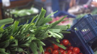 Kalabalık bir pazarda sepetlerde sergilenen renkli meyve ve sebzeler.