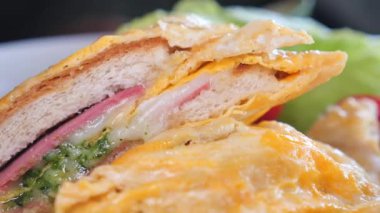 Lezzetli malzemeleri ve tazeliği olan lezzetli bir kahvaltılık sandviçin tadını çıkarın..