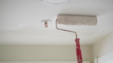 Birisi tavana bir silindir kullanarak boya sürüyor..