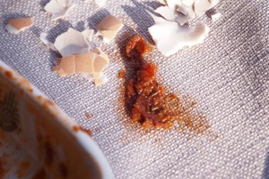 Sos ve kırık yumurta kabukları kumaş yüzeyde görülebilir..