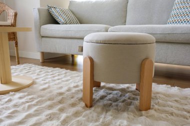 Yuvarlak bir şilte ve desenli bir kilimin olduğu rahat bir oturma odası..