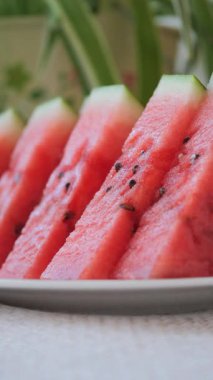 Parlak renkli karpuz dilimleri düzgün bir tabakta dizilir..