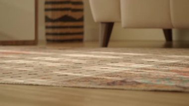 Lüks halısı ve ahşap zeminde şık bir kanepesi olan rahat bir yer..