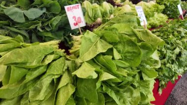 Yerel pazarda satılık taze sebze ve otlar sergileniyor..