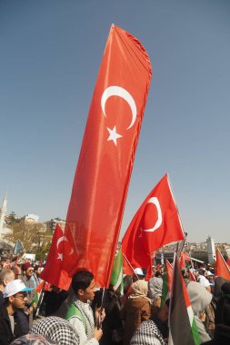 İnsanlar açık bir gökyüzü altında canlı bir halk toplantısında büyük Türk bayrakları tutuyor.