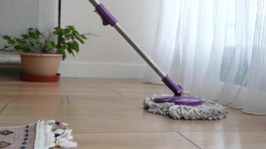 Bitkilerle dolu rahat bir yaşam alanında ahşap zemini etkili bir şekilde paspaslamak..