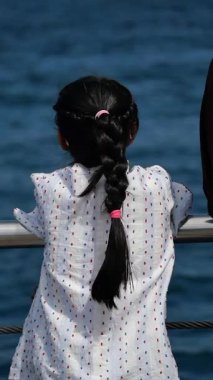 Saçları örülü bir çocuk denizi izler, güneşli sahilin tadını çıkarır..