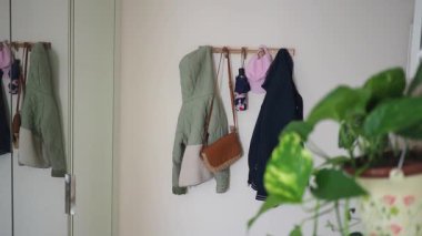 Creative storage solution for jackets and bags in a cozy entryway.