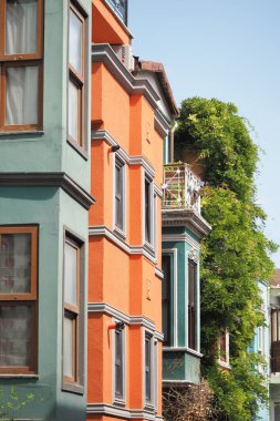 Canlı şehir ortamında yeşil bitkilerle parlak boyanmış binalar..