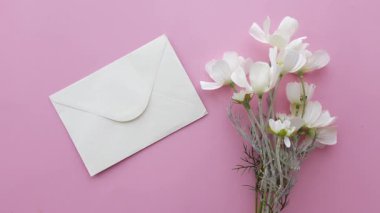 Taze çiçekler ve basit bir mektup yumuşak pembe bir yüzeyde birlikte otururlar..