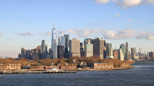 The Lower Manhattan skyline in New York City viewed across the East River from Brooklyn. The One World Trade Center dominates the skyline.