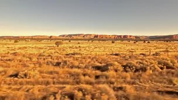 Woestijnland Het Uitzicht Vanaf Een Trein Als Het Woestijn Doorkruist — Stockvideo