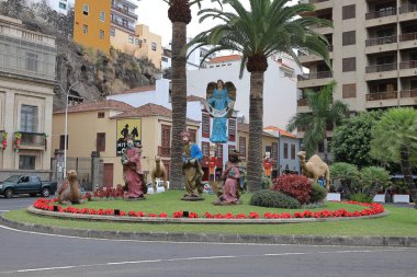 A Christmas nativity scene adorns a roundabout in the city of Santa Cruz de la Palma.