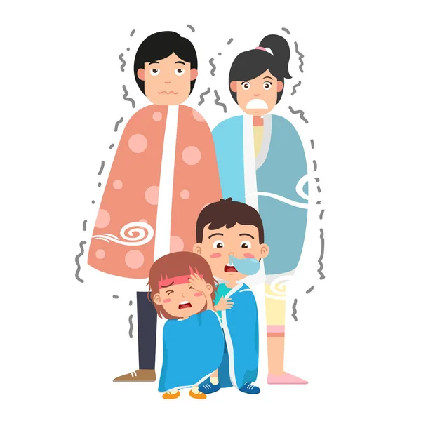 Malato Famiglia Personaggio Freddo Influenza Vettore Cartone Animato Illustrazione — Vettoriale Stock