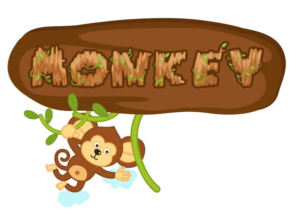 Macaco Está Pendurado Galho Com Letra Madeira Isolado Vetor Ilustração —  Vetores de Stock