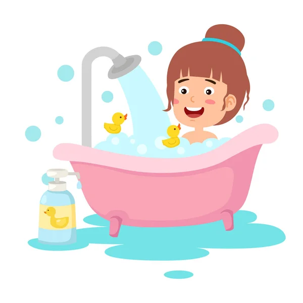 Little Kid Take Bath Bathtub — Vetor de Stock