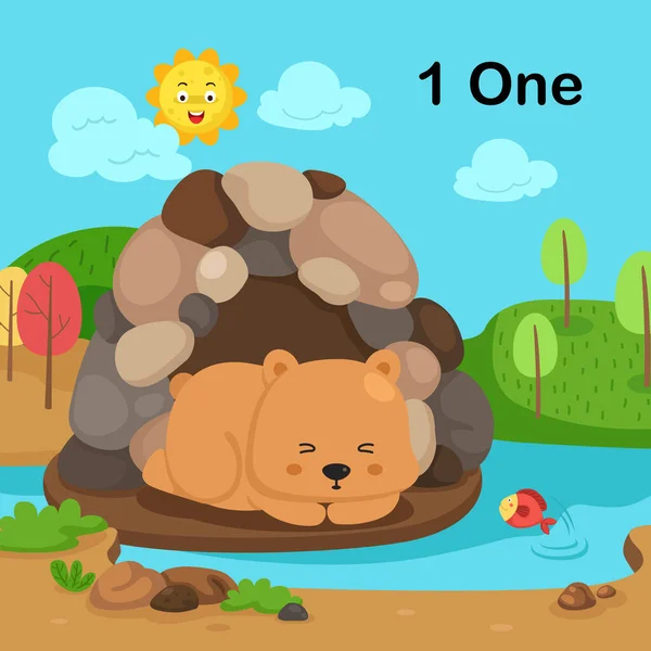 Flashcard Number One Bear Learning Kid Illustration Vector — Stock Vector