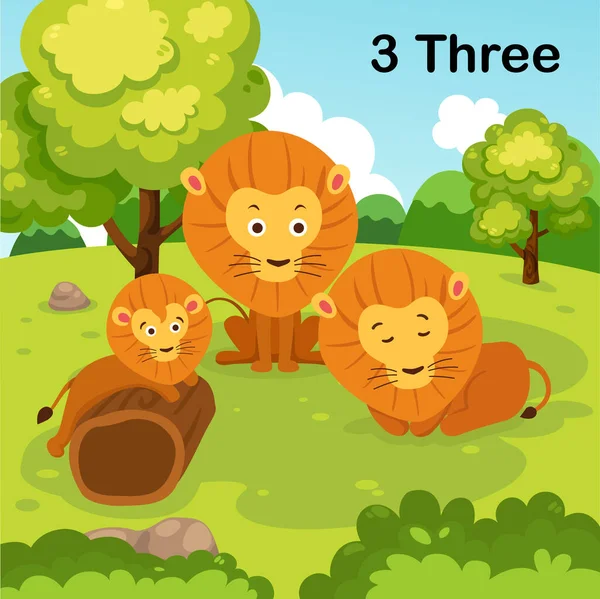 フラッシュカード番号3の子供のイラストベクトルのための3ライオン学習 — ストックベクタ