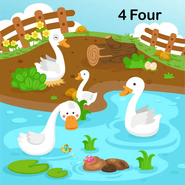 Flashcard Número Cuatro Con Aprendizaje Ganso Para Niños Vector Ilustración — Vector de stock