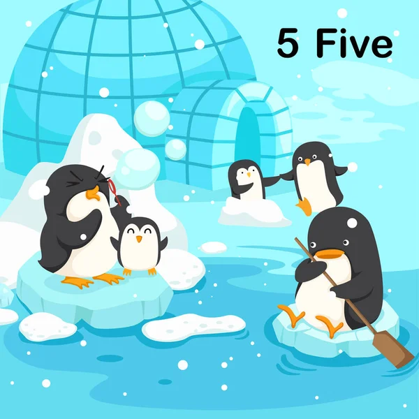 Flashcard Numero Cinque Con Pinguino Apprendimento Bambino Illustrazione Vettoriale — Vettoriale Stock