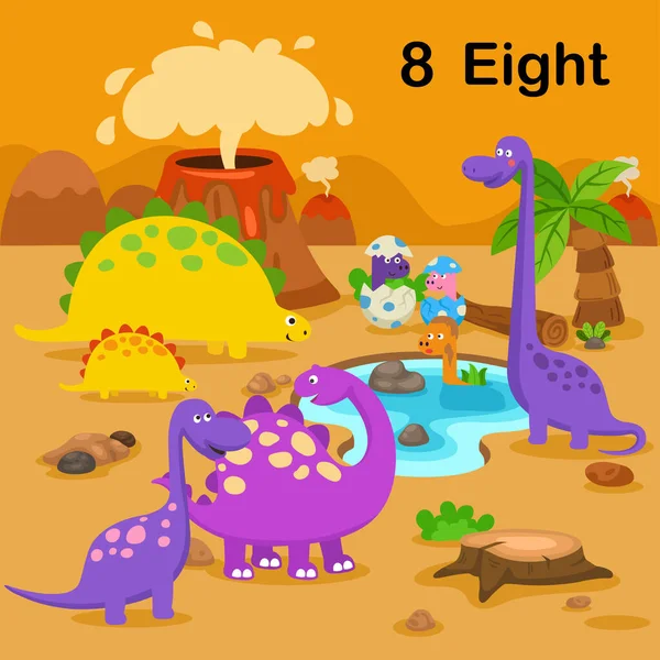 Flashcard Number Eight Dinosaur Learning Kid Illustration Vector — Stock Vector