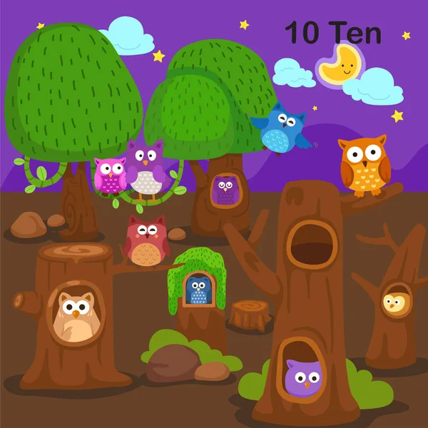 Flashcard Number Ten Owl Learning Kid Illustration Vector — Stock Vector
