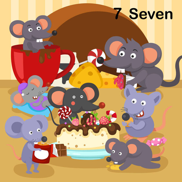 Flashcard number seven with 7 mouse learning for kid illustration vector