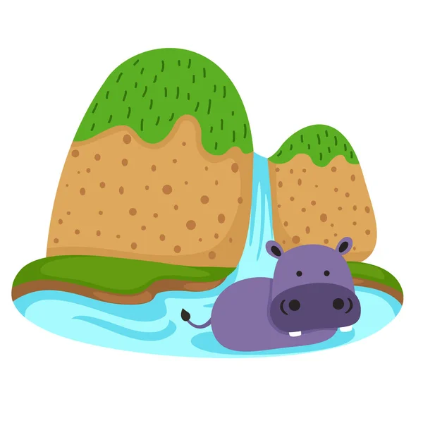 Hipopótamo Cascada Escena Ilustración — Vector de stock