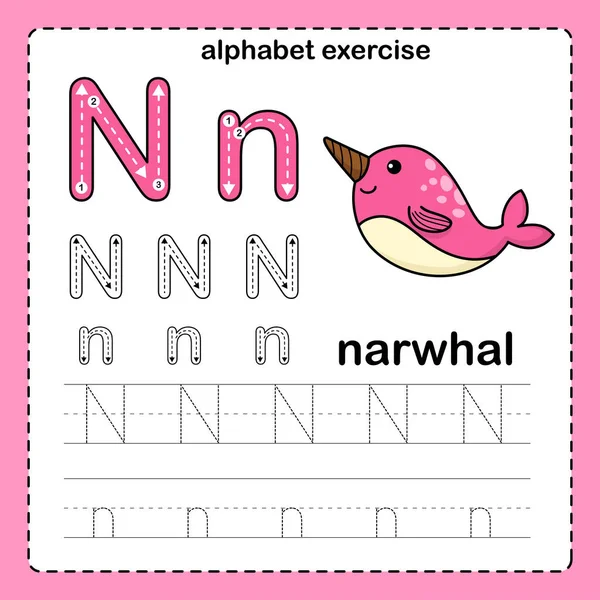 Alfabeto Carta Exercício Narval Com Ilustração Vocabulário Dos Desenhos Animados — Vetor de Stock