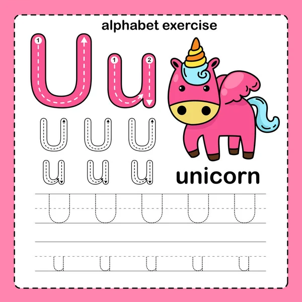 Letra Del Alfabeto Ejercicio Unicornio Con Ilustración Vocabulario Dibujos Animados — Vector de stock