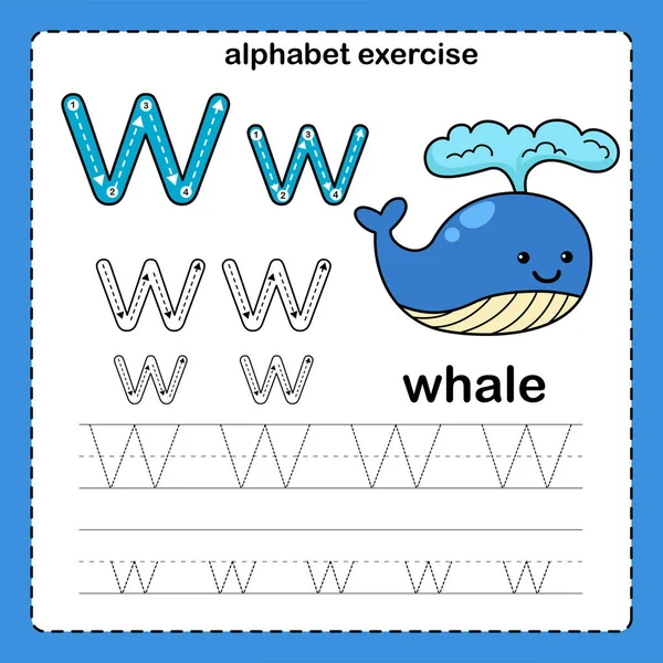 Alfabeto Lettera Esercizio Delle Balene Con Illustrazione Del Vocabolario Dei — Vettoriale Stock