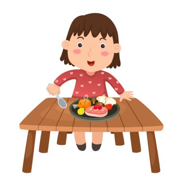 Sağlıklı besin vektörü illüstrasyonu yiyen tatlı kız.