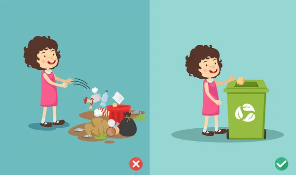 Μην Πετάτε Σκουπίδια Στο Πάτωμα Λάθος Και Σωστό Διανυσματική Απεικόνιση — Διανυσματικό Αρχείο