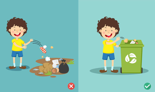 Do not throw littering on the floor.wrong and right.vector illustration