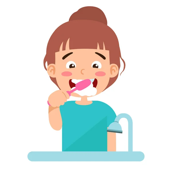 Criança Menina Escovação Dentes Vetor Ilustração — Vetor de Stock