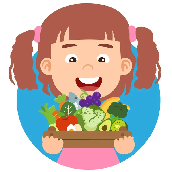可爱的女孩 有水果和蔬菜病媒图解 — 图库矢量图片