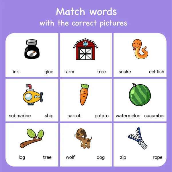 Match Words Pictures Educational Worksheet Preschool — Stock Vector