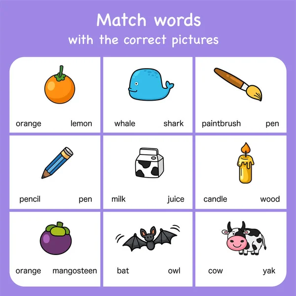 Match Words Pictures Educational Worksheet Preschool — Stock Vector