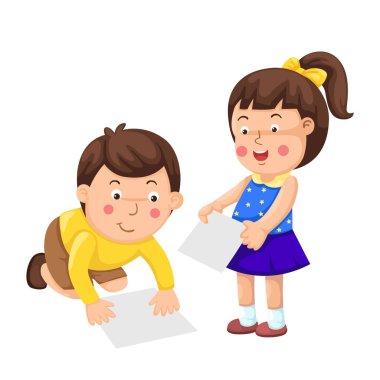 Çocuklar boş kağıt vektör karakter çizimi koyarak eğitici oyun oynuyorlar