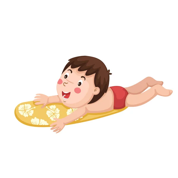 Child Surf Board Funny Cartoon Character Vector Illustration — Stock Vector