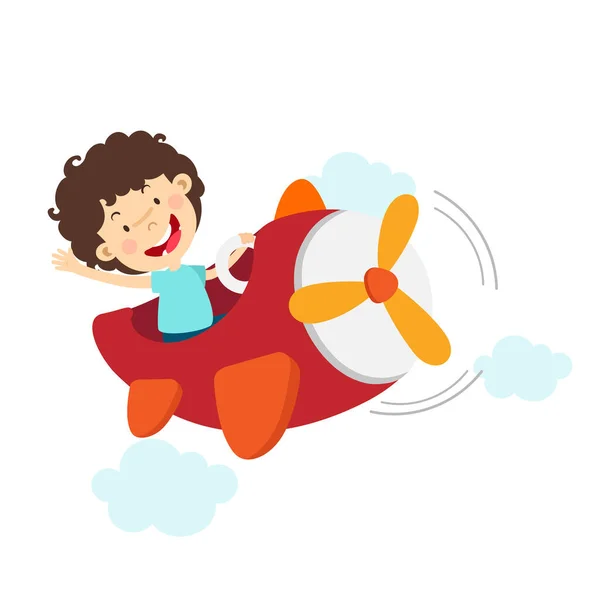 漫画の小さな子供の飛行機に乗る — ストックベクタ