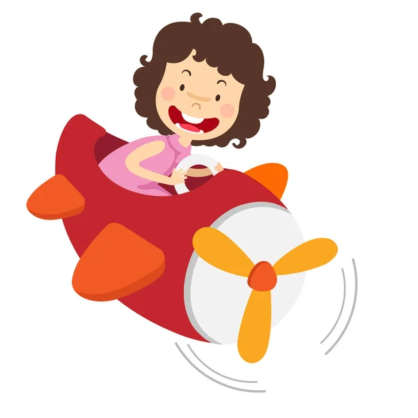 Cartoon Little Kid Riding Airplane — Stock Vector