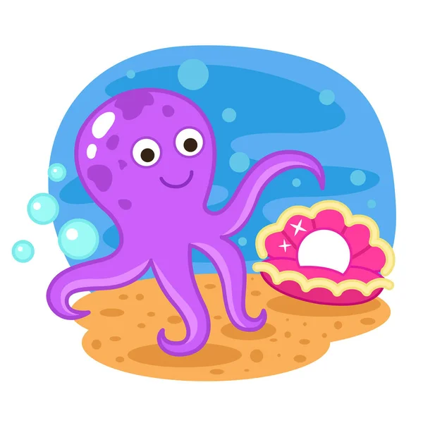 Schattig Cartoon Octopus Karakter Witte Achtergrond Illustratie — Stockvector