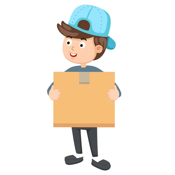 Smiling Delivery Man Holding Package Box — Stock Vector