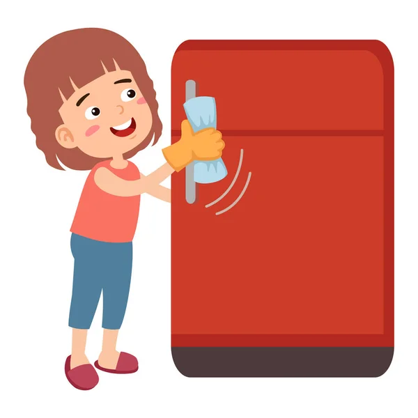 Νεαρή Κοπέλα Καθαρίζει Ένα Ψυγείο — Διανυσματικό Αρχείο