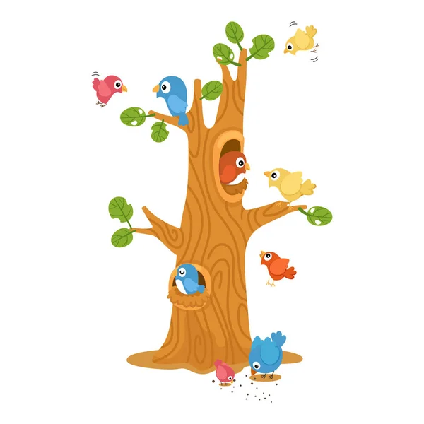 Söt Tecknad Fåglar Träd Tecken Vit Bakgrund Illustration — Stock vektor