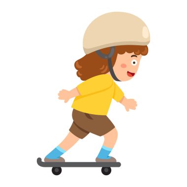 Küçük tatlı kız kaykay oynuyor.