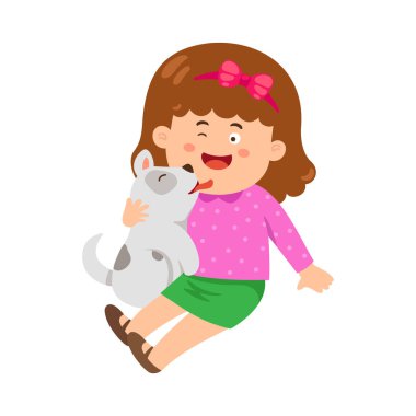 Mutlu küçük kız köpek vektör resimlerini kucaklıyor.