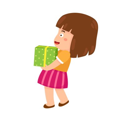 Küçük kız elinde hediye kutusu tutuyor.